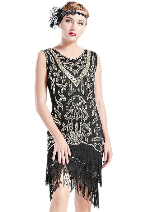 Coucoland 1920s Kleider Damen Retro Pailletten Kleid mit Troddel V Ausschnitt Great Gatsby Cocktail Party Kleider Damen Fasch