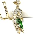 Gold Plated Green Saint Jude Pendant Necklace Figaro 24" San Judas Tadeo Medalla Cadena Oro Laminado