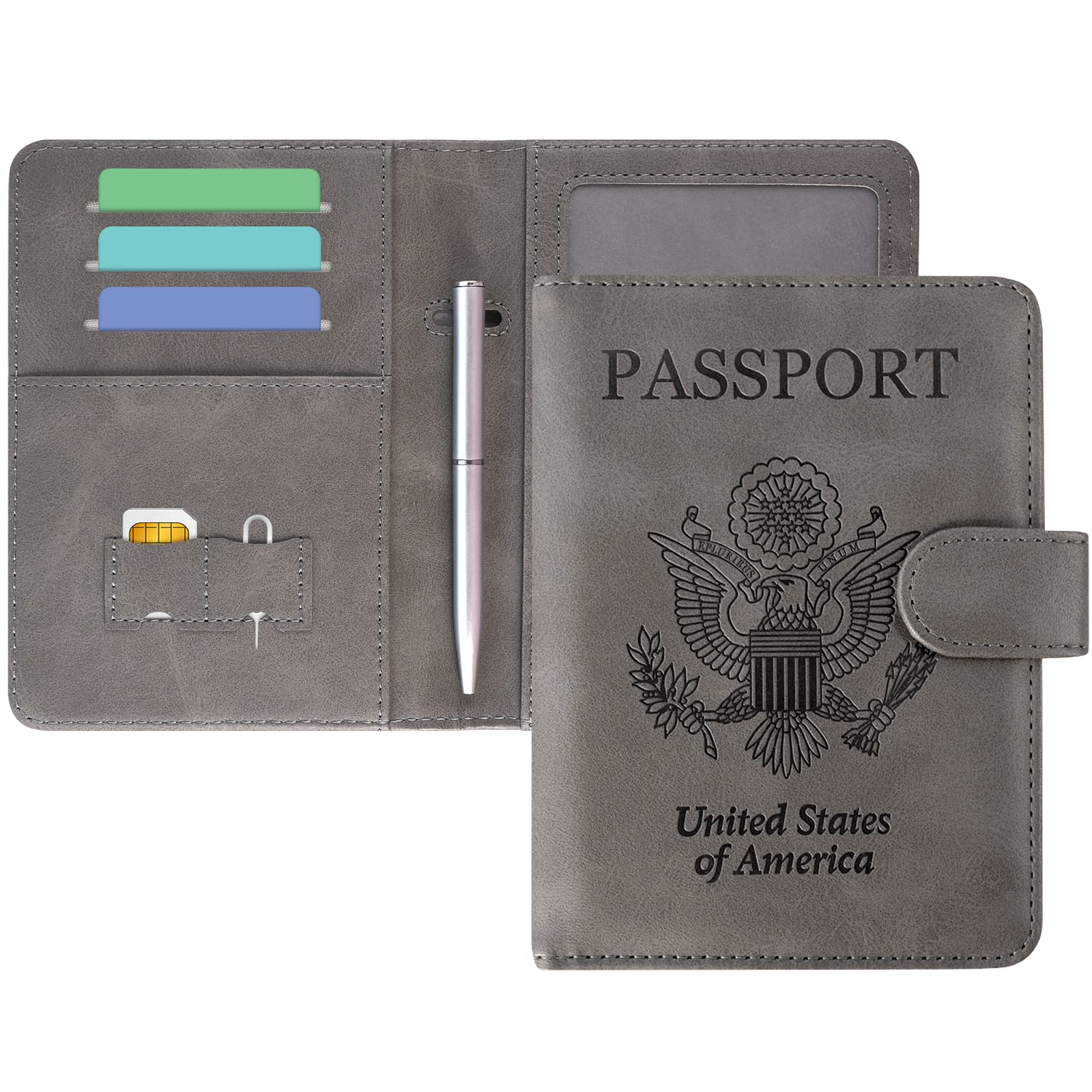 DMLuna Passport Holder Premium PU Leather Travel Passport Wallet RFID Blocking Passport Cover Case Travel Documents Organizer with Magnetic Closure, Free Mini Pen, for Women and Men, Grey
