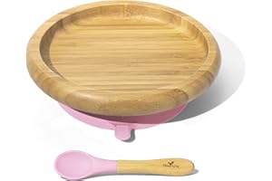 Avanchy Classic Baby Plates Non Divided Bamboo with Suction for Babies Kids Toddler Food with Silicone Spoon for Feeding, Pink