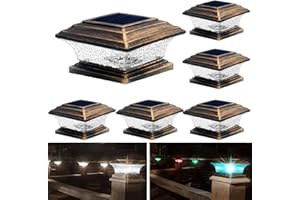 HUYIENO Solar Post Cap Lights Outdoor LED Lighting Deck Fence Two Modes Warm White/7 RGB Color Changing Suitable for 4x4 5x5 Wooden Brushed Copper 6pk.
