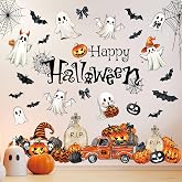 Whaline 9 Sheets Halloween Wall Stickers Spooky Ghost Pumpkin Bat Spider Web Wall Decal Orange-Black Room Mural Stickers for Home Party Decoration, 7.9 x 11.8 Inch