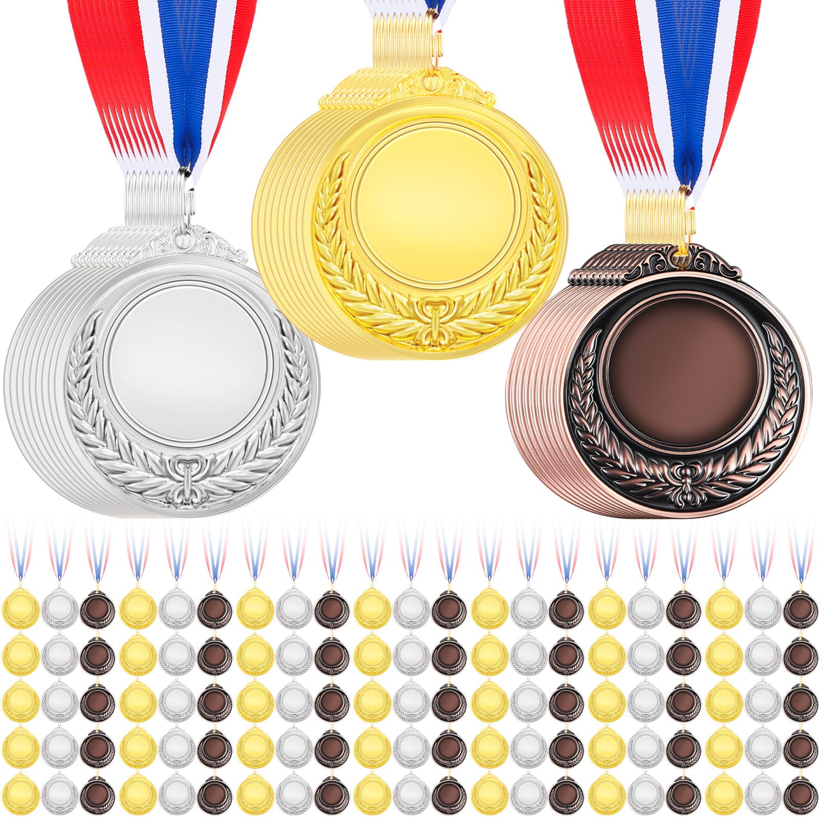 Photo 1 of Kigeli 50 Pcs Blank Award Medals with Neck Ribbons Design Your Own Medals Kit Participation Trophy Metal Winner Award Prize for Kids Adults Sports School (Gold,Silver,Copper)