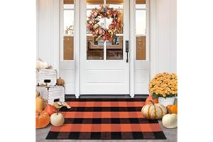 Acerich Fall Door Mat 27.5" x 43", Orange and Black Buffalo Plaid Fall Doormat Washable Fall Halloween Welcome Mat for Front Door, Porch, Entryway Decor