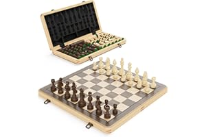 15" Wooden Folding Chess & Checkers Set - 2 in 1 Board Game with 3" King Staunton Pieces and 2 Extra Queens (Natural & Black)