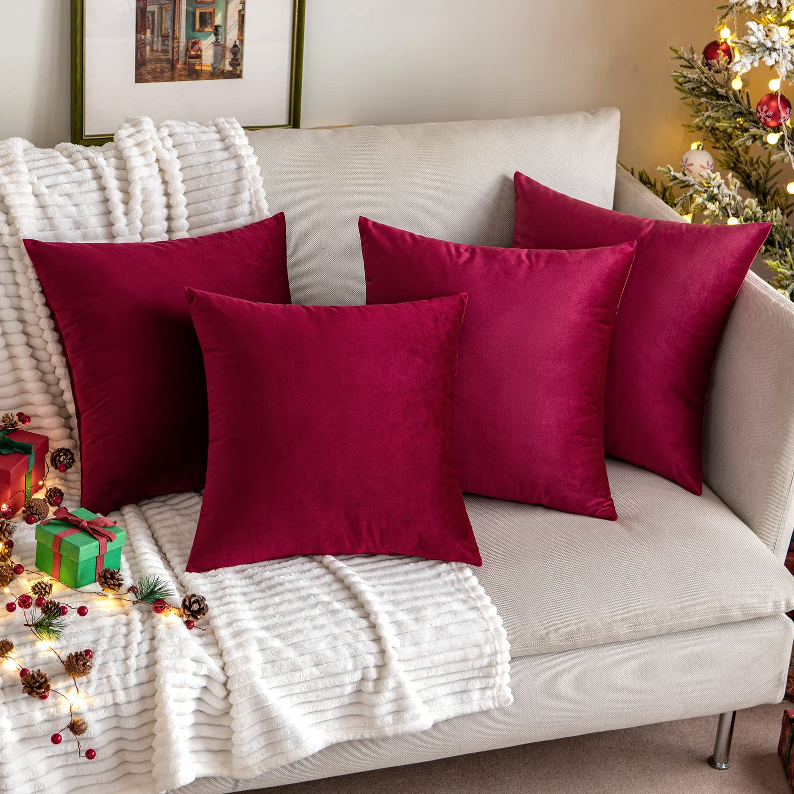MIULEE Pack of 4 Velvet Cushion Covers Soft Decorative Square Throw Pillowcases with Invisible Zipper for Living Room Bedroom Sofa Couch Office Home 45x45 cm 18x18 Inch Burgundy — image 1