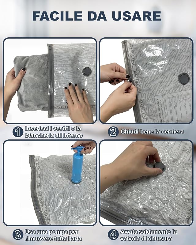Sacchetti Sottovuoto Vestiti con Pompa Manuale, 4 Buste Sottovuoto Vestito (4 * 50x40cm), Sacchi Sottovuoto Vestito per Viaggi, Traslochi e Stoccaggio
