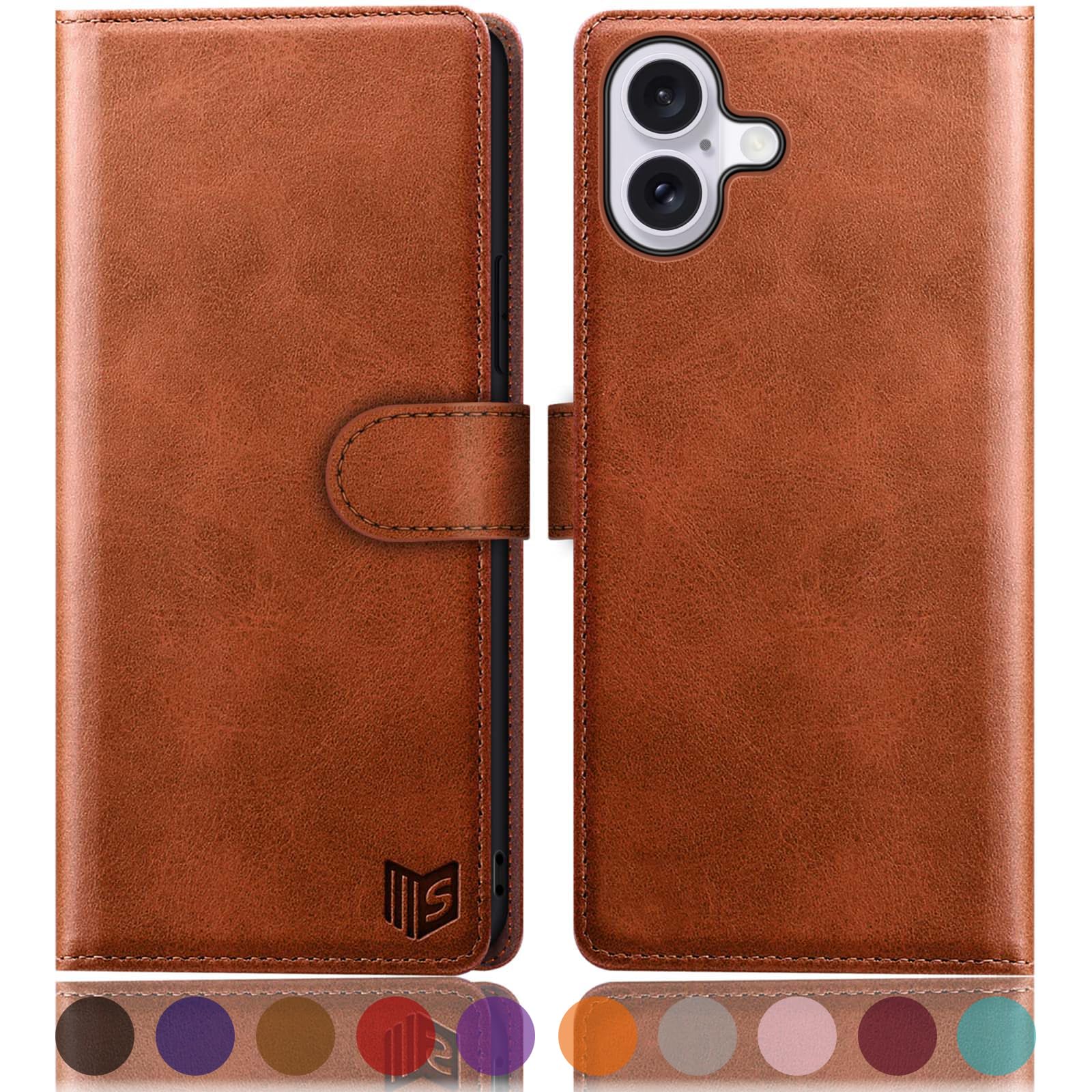 SUANPOT compatible with iPhone 16 Plus 6.7" case with [Credit Card Holder][RFID Blocking],PU Leather Flip Book Protective Cover Women Men for Apple 16 Plus Phone case Light Brown