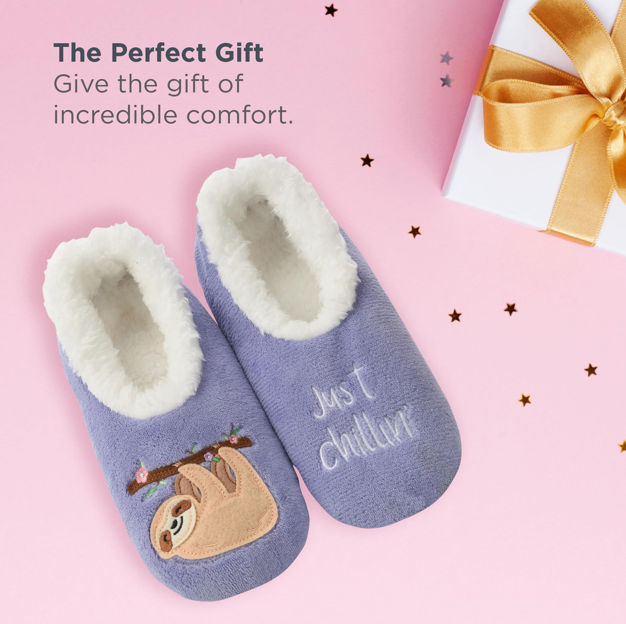 Snoozies Pairable Slipper Socks - Funny House Slippers for Women, Non-Slip Fuzzy Slipper Socks - Sloth Just Chillin - Medium