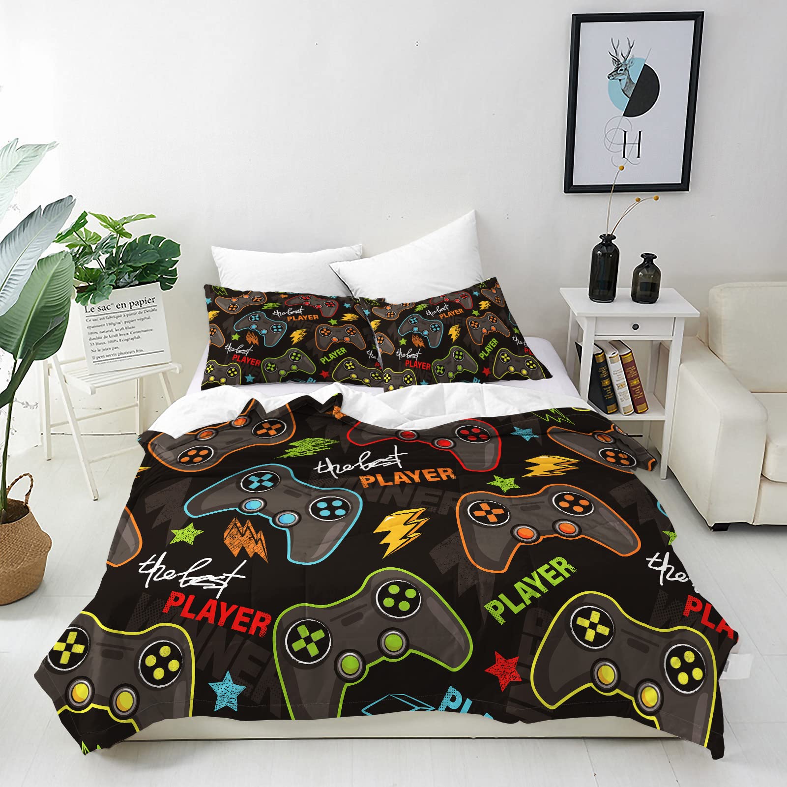ANHOPE Gamer Duvet Cover Set Soft Lightweight 3 Piece Bedding Set with 2 Pillowcase Video Game Gamepad Controller Print Pattern Kids Boys Girls Teens Gaming Quilt Cover with Zipper Double — image 1