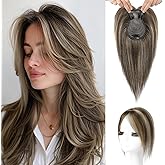 Flufymooz 100% Real Human Hair Toppers for Women, 10 Inch Clip in Human Hair Topper for Thinning Hair, 360°3D Cover Clip in Bangs Natural Hairpiece-Chocolate Brown with Blonde