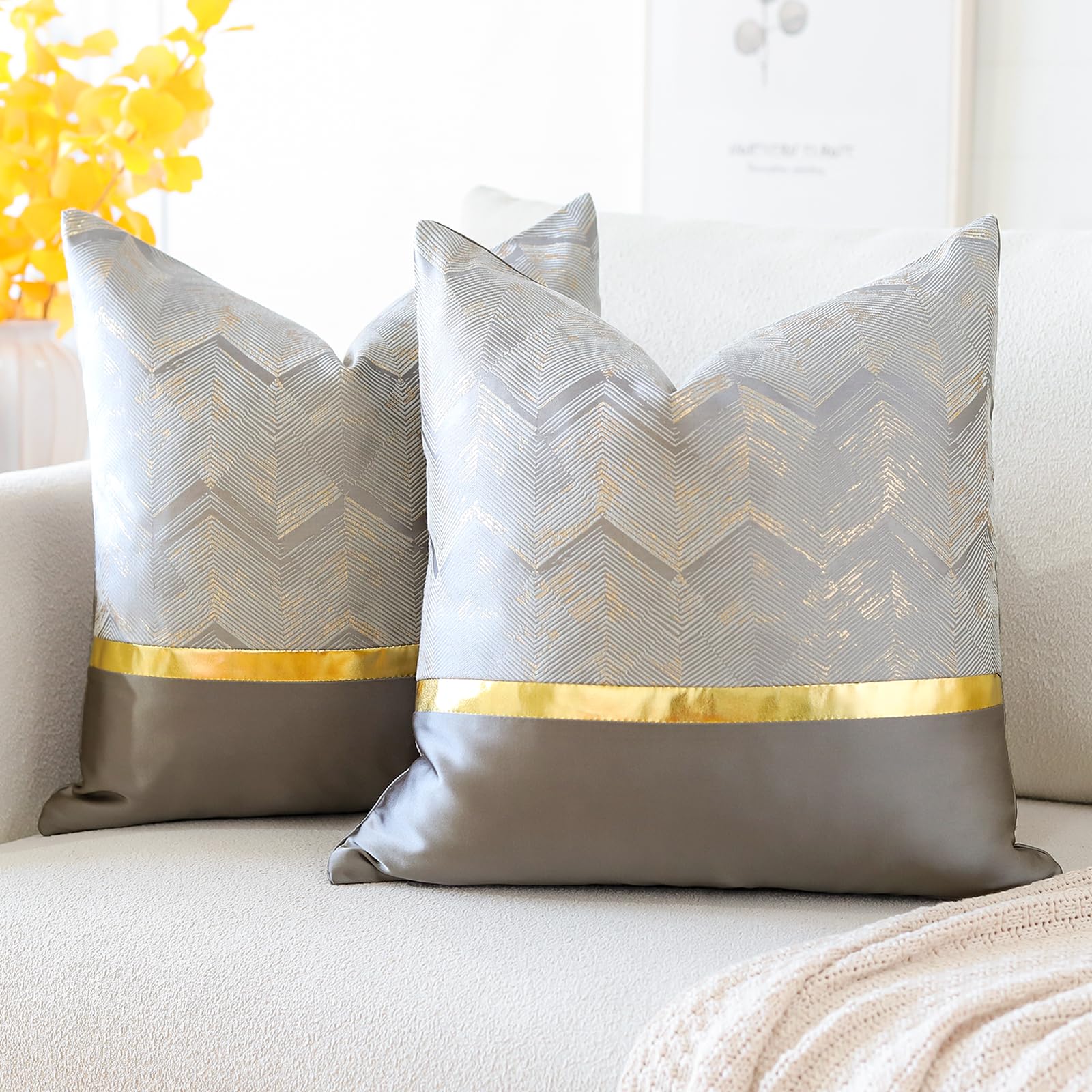Artscope Set of 2 Cushion Cover for Bed Couch Sofa Car Decor Luxury Modern Minimalist Gold Leather Stitching Wavy Stripes Square Pillowcase Throw Pillow Covers 45x45cm (Grey)