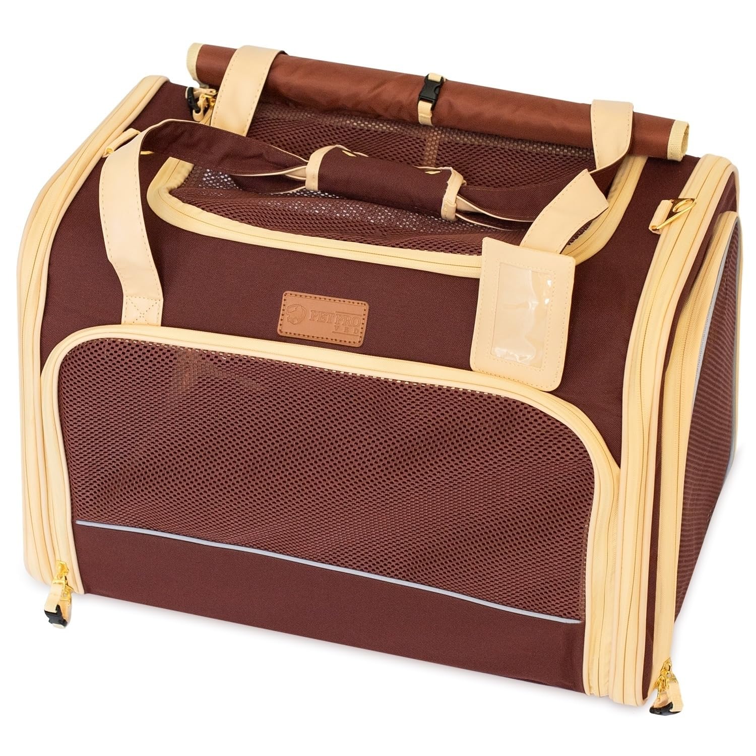 PETPROVED Medium Brown Cat Dog Bag for Small Dogs Cats, 50 x 33 x 33 cm, Up to 7 kg, Active Use, Travel, Veterinary Visits