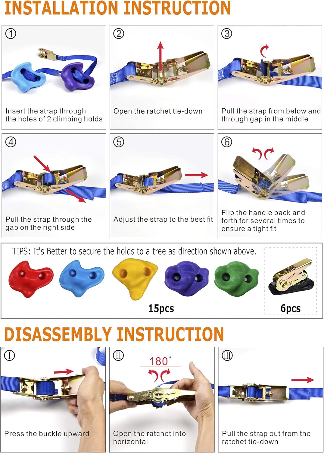 SSBRIGHT Tree Climbers, Set of 15 Climbing Holds/Steps for Kids' Outdoor Active Play with 6 Ratchet Straps: Toys & Games