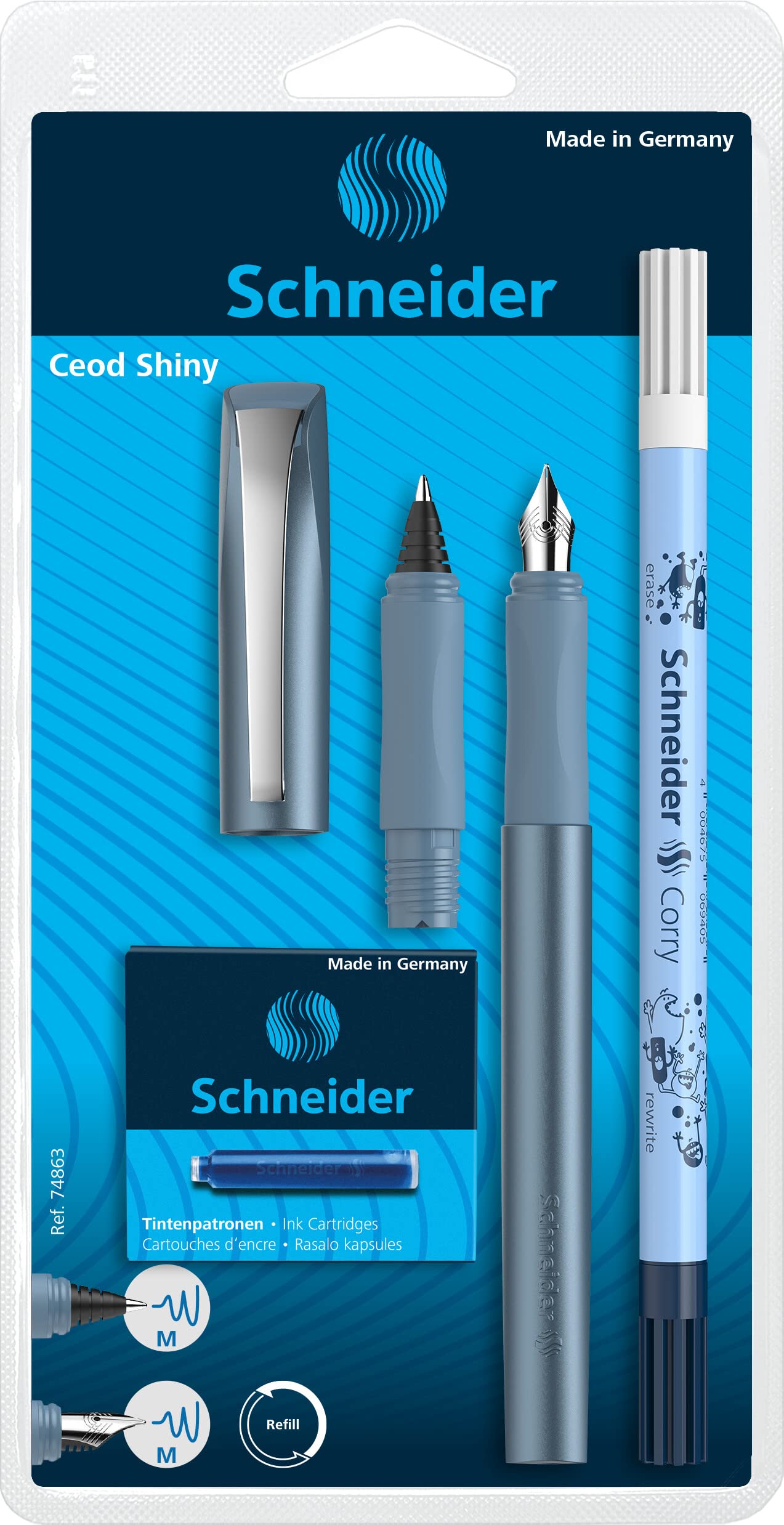 Schneider 74863 Ceod Shiny Writing Set with Fountain Pen, Rollerball Pen, Ink Killer (Right and Left-Handed Users, Medium Nib, Includes Royal Blue) Pacific Blue 9-Piece Set (1 Pack)