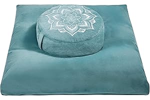 hunnidspace Meditation Zafu Cushion Set with Buckwheat Hulls & Memory Foam - Ergonomic Support for Yoga & Sitting - Removable Machine-Washable Luxury Velvet Cover - for Adults and Kids (Green)