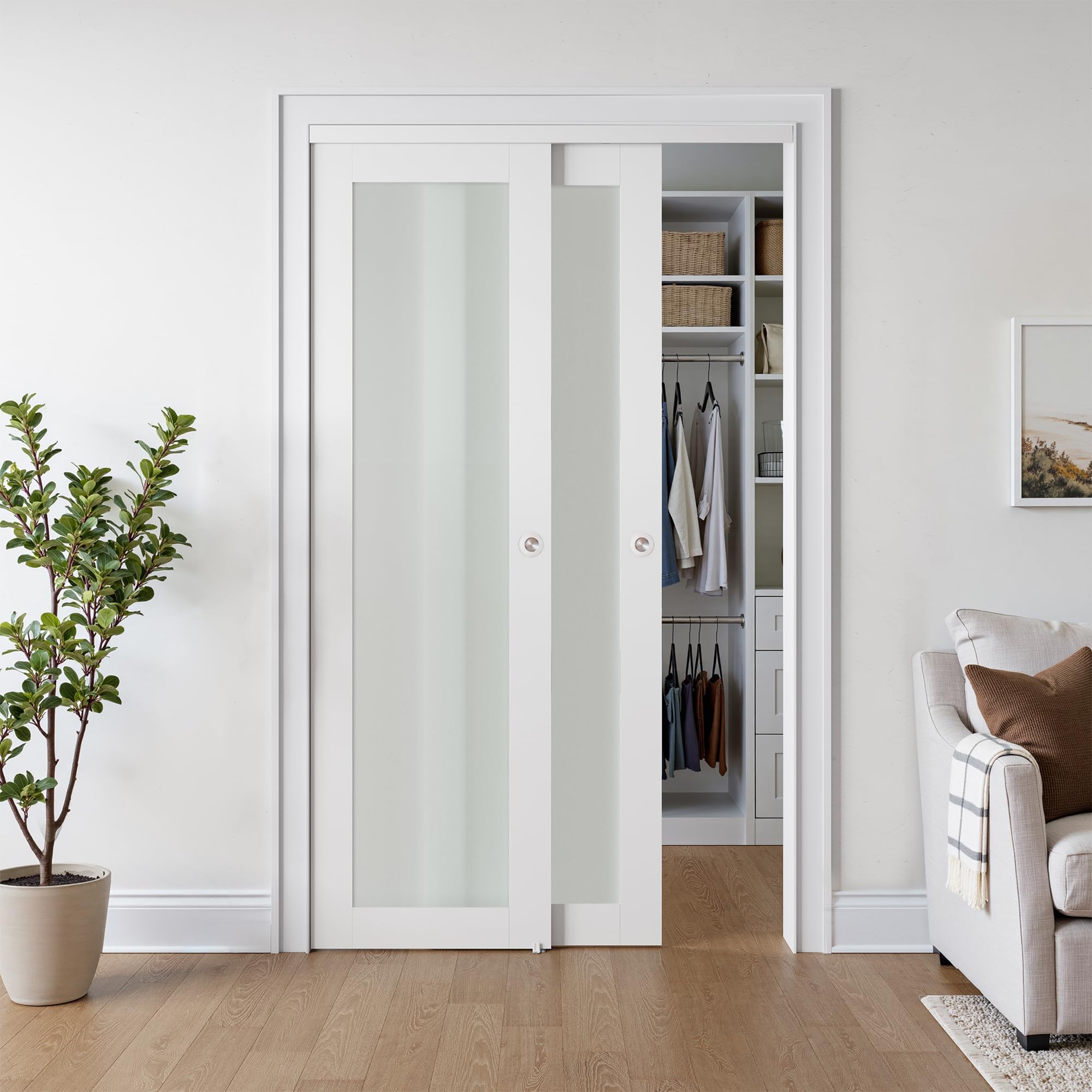 Photo 1 of *** NO BOX / MISSING ASSEMBLY HARDWARE *** COSHOMER Sliding Closet Door for 48" x 80" Opening, 1-Lite Frosted Glass Closet Door with Hardware Kit Included, Preassembled MDF Barn Door, White
