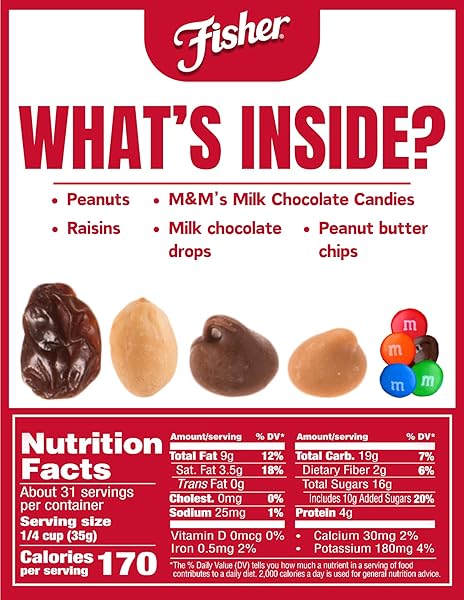 FISHER SNACK INDULGENT BULK TRAIL MIX, 38 OZ (PACK OF 1), PEANUTS, MILK CHOCOLATE CANDIES, RAISINS, MILK CHOCOLATE AND PEANUT BUTTER CHIPS, SNACKS FOR ADULTS AND KIDS, TRAIL MIX SNACKS