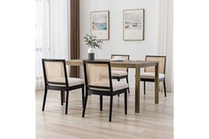 BESTANO Farmhouse Rattan Dining Chairs Set of 4 Black Wood Dining Room Chairs Rectangle Cane Country Kitchen Chairs Upholstered Dining Chair for Dining Room, Cream Linen