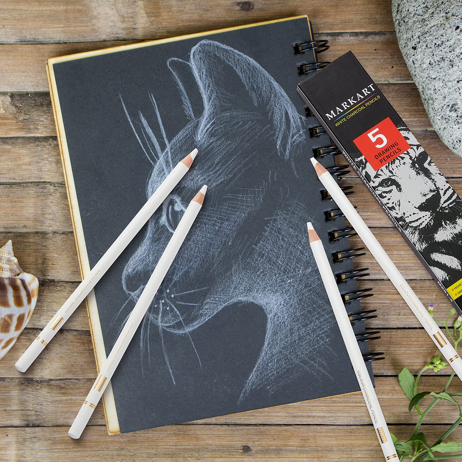 MARKART Professional White Charcoal Pencils Set, 5 Pieces Sketch Highlight Charcoal Pencils for Drawing, Sketching, Shading, Blending, White Chalk Pencils for Beginners & Artists
