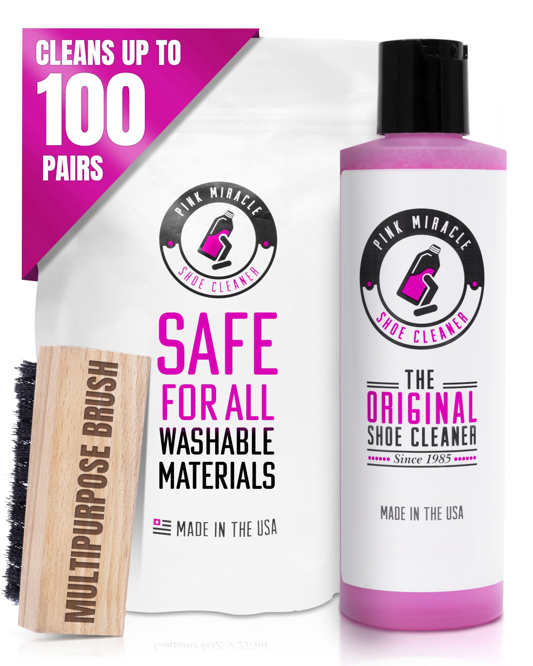 Pink Miracle Bottle - Shoe Cleaner - Fabric Cleaner Solution With Free BONUS Brush - Works on Leather, Whites, Nubuck, Golf Shoes, Basketball Shoes, Boots, Sandals, Home and Car Upholstery (4 OZ)