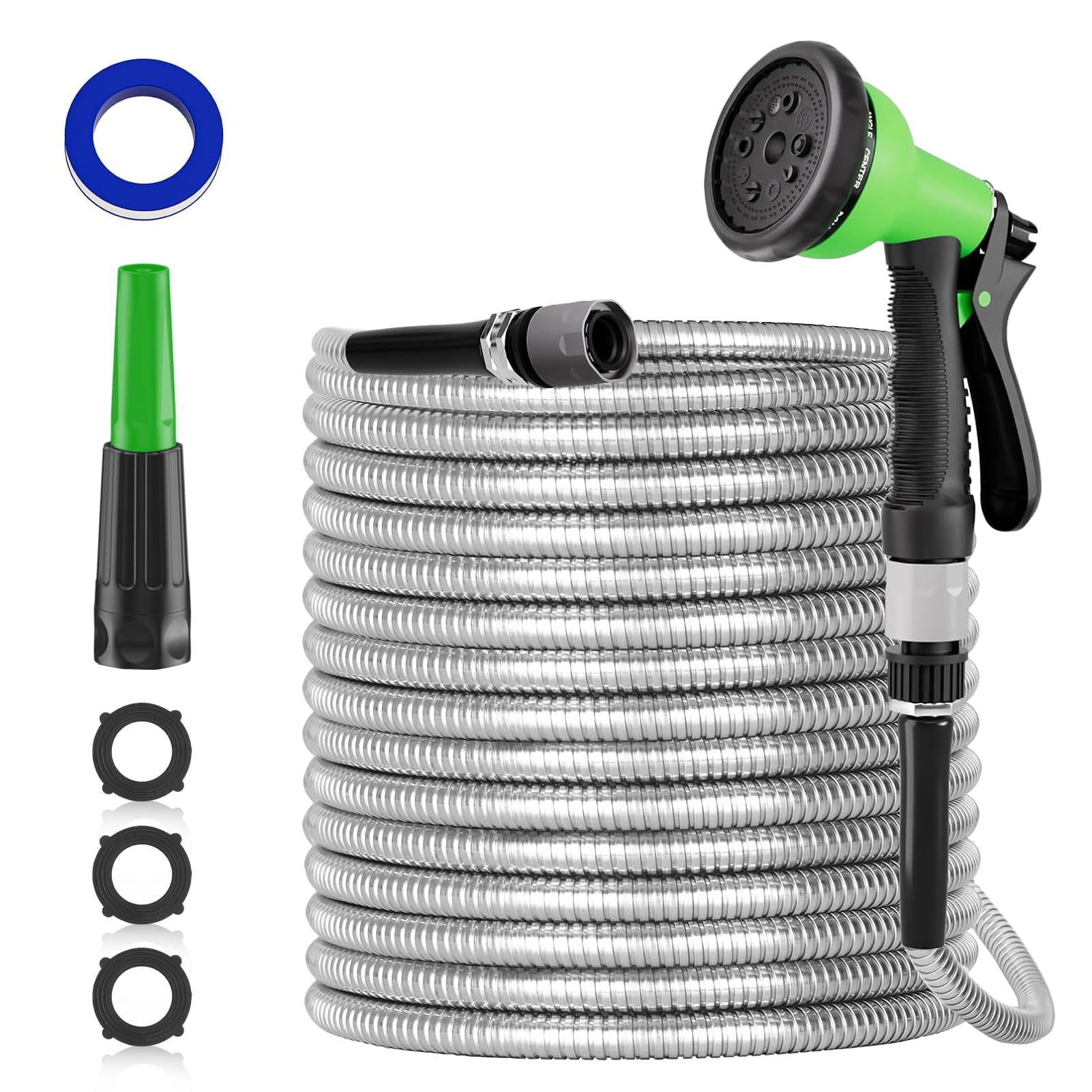 SPECILITE 50ft 304 Stainless Steel Garden Hose, Heavy Duty Flexible Metal Water Pipe with 2 Nozzles for Yard, Outdoor,No Kink and Tangle,Puncture Resistant