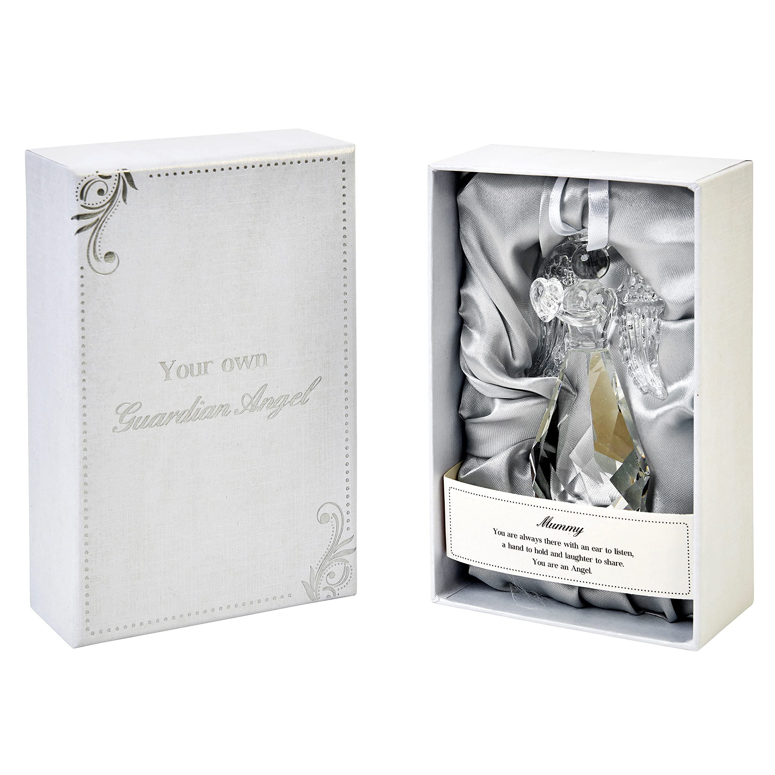 Guardian Angel with Heart Figurine Transparent Crystal Ornament for Home, Outdoor Garden & Office, Glass Statue Religious Heart-Warming Caption in Gift Box, Home Decor Gifts, One Size