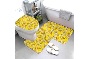 Jbofyee Cute Rubber Ducks 3 Piece Bathroom Rugs Set, Bath Mat + Contour Mat + Toilet Seat Cover, Non-Slip Soft Microfiber Yellow Cartoon Ducky Bathmat for Tub Shower Room Decor, Machine Washable