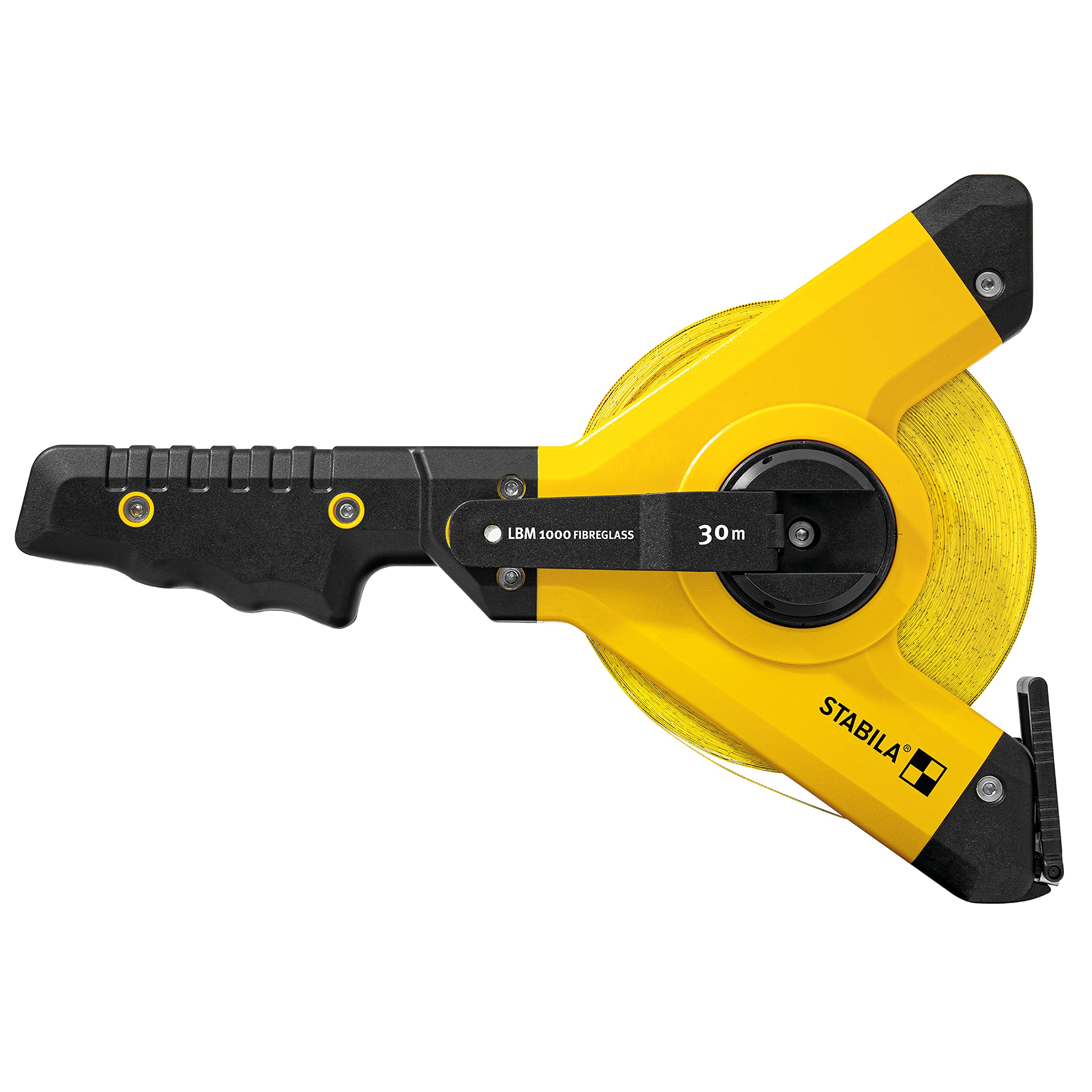 STABILA Frame Tape Measure LBM 1000 Fibreglass 30 m Fibreglass Measuring Tape with Metric Scale and Kink Protection, Universal Hook, Shatterproof Frame, MID Accuracy