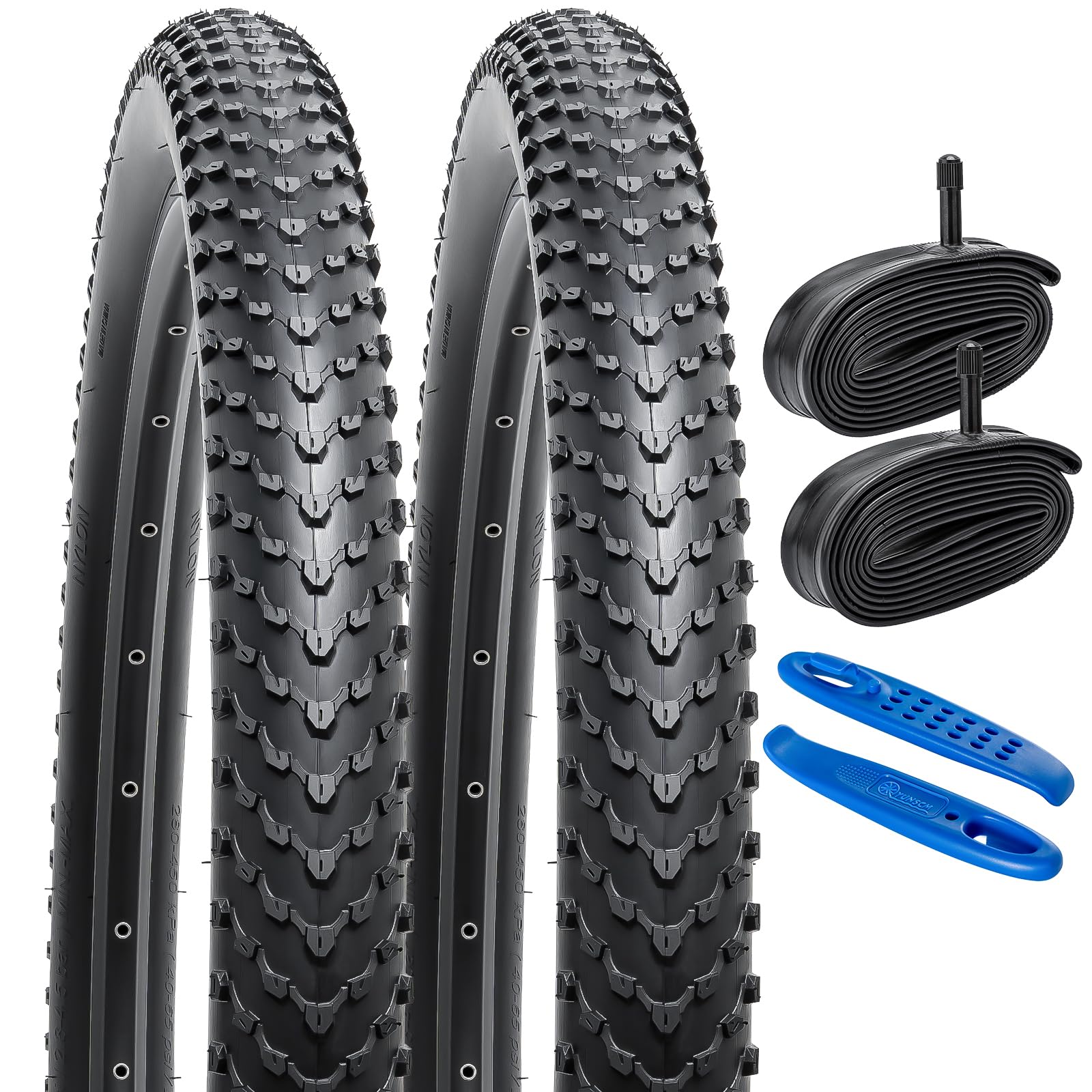 YunSCM 2Pcs Foldable 26 inch Bike Tyres 26x2.40 Tires 60-559 and 26 Heavy Duty Bike Inner Tubes Schrader Valve AV32mm, Compatible with 26x2.35 26x2.40 Bike Bicycle Tyres and Tubes