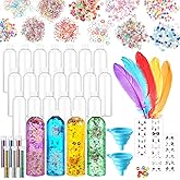Baderke 24 Pcs Sensory Bottles 13.5oz Plastic Clear Containers Calm Down Sensory Bottles Include Funnel, Glitters, Stickers, Glitter Powder, Feathers, Small Color Balls for DIY Art Fun Crafts Supply