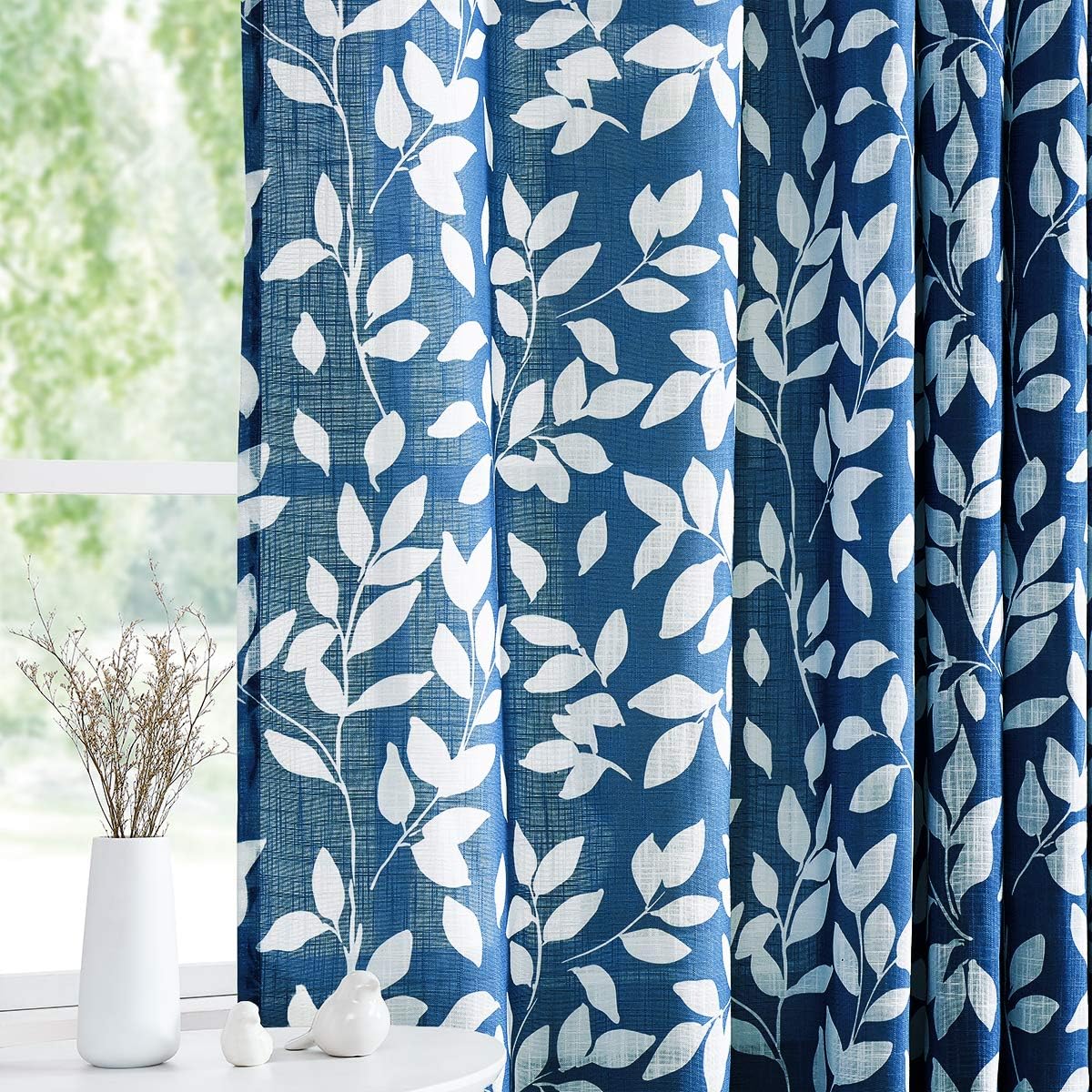 White and Blue Curtains for Bedroom 84" Length Semi-Sheer Print Leaf ...