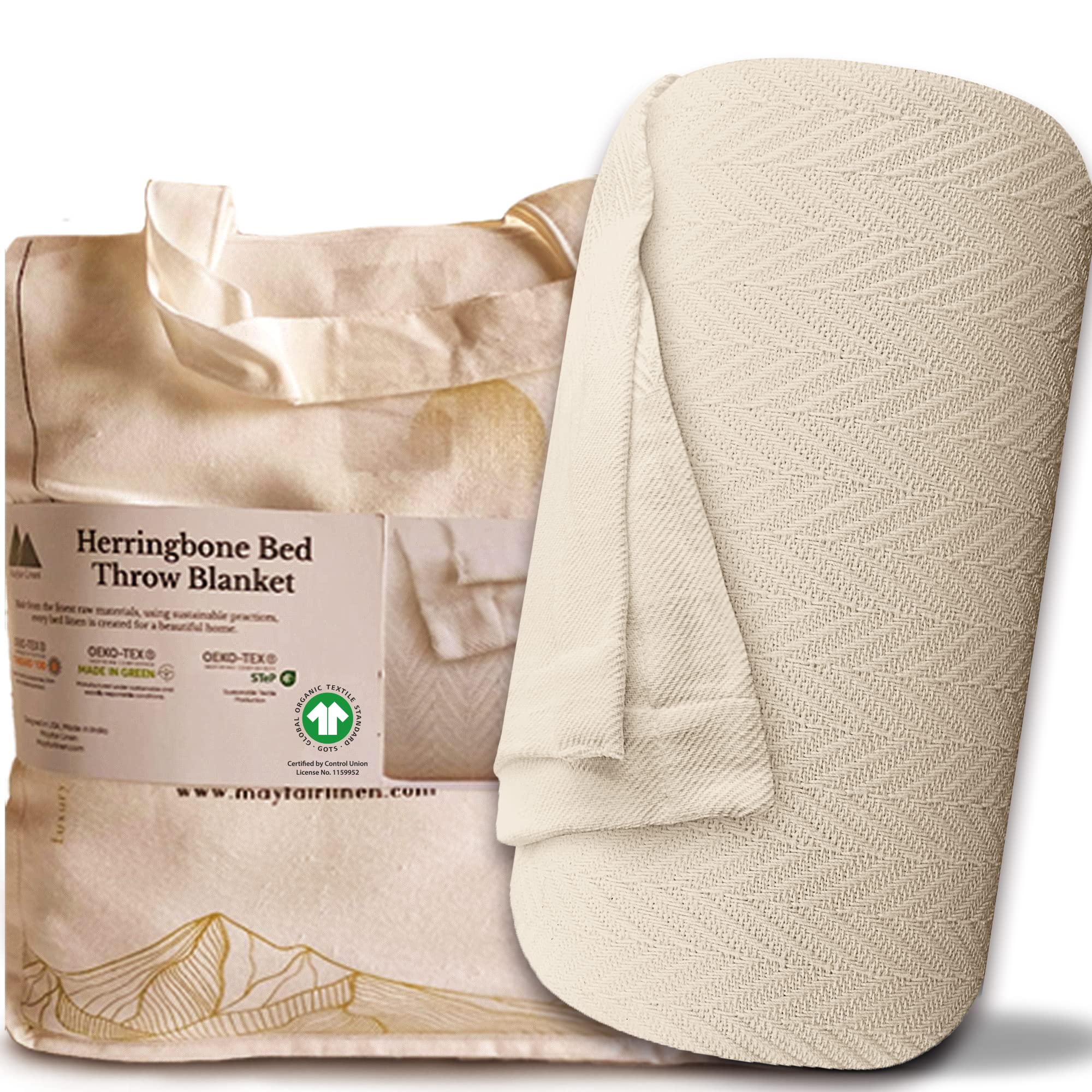 Photo 1 of Mayfair Linen 100% Pure Cotton, Luxury King/Cal King Size Beige Blanket - Herringbone Pattern, Soft &Cozy Premium Fall Bed Blanket for All Seasons, 350GSM & 106x92 with Free Tote Bag