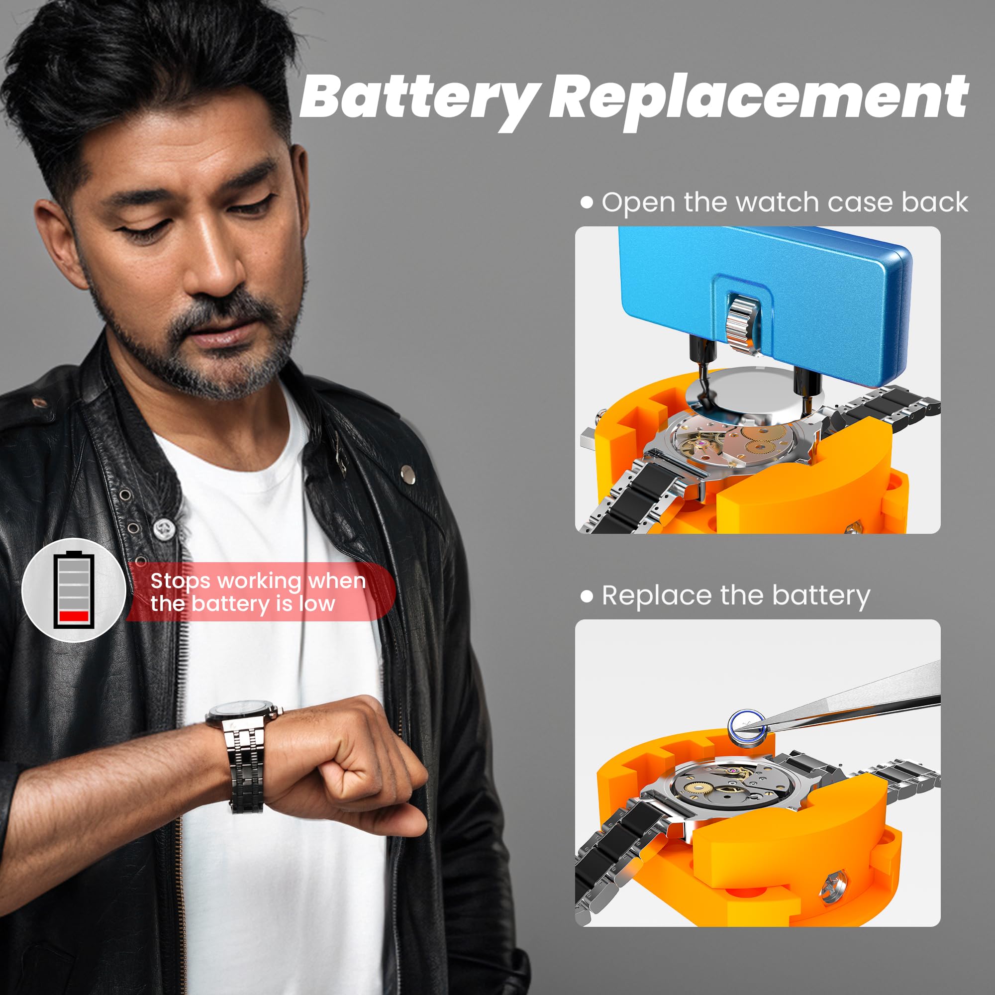 JOREST Watch Battery Replacement Kit, Watch Repair Screwdriver, Watch Band Replacement tool, Watch Wrench Back Remover, Watch Case Opener, Watch Back Remover Holder, Spring bar, Tweezers