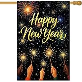 HOMETITUTE Happy New Year House Flag 28x40 Inch Fireworks and Sparkler Hands Design Garden Flag Outdoor Yard Decoration Holiday Celebration Banner for Home Porch Lawn