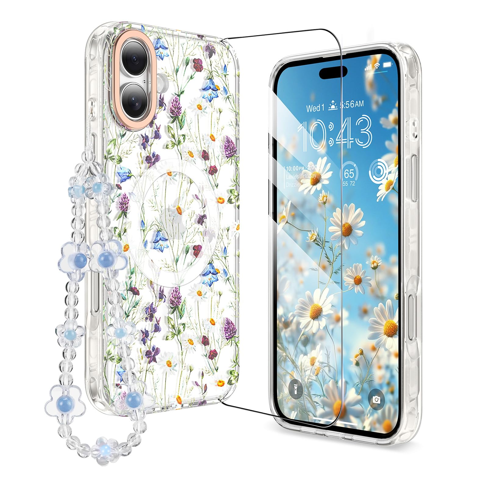 MILPROX Compatible with iPhone 16 Case - with Screen Protector/Strap - Compatible with MagSafe - Cute Flower Floral Pattern with Girls/Women - Magnetic Slim Protective Phone Cover - Garden