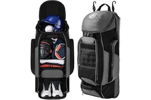 Sturdum Catchers Gear Bag with Wheels, Rolling Baseball & Softball Catchers Bags with 4 Bat Sleeves, Fence-Hooks, Separate Shoe Compartments and Multi-Pockets