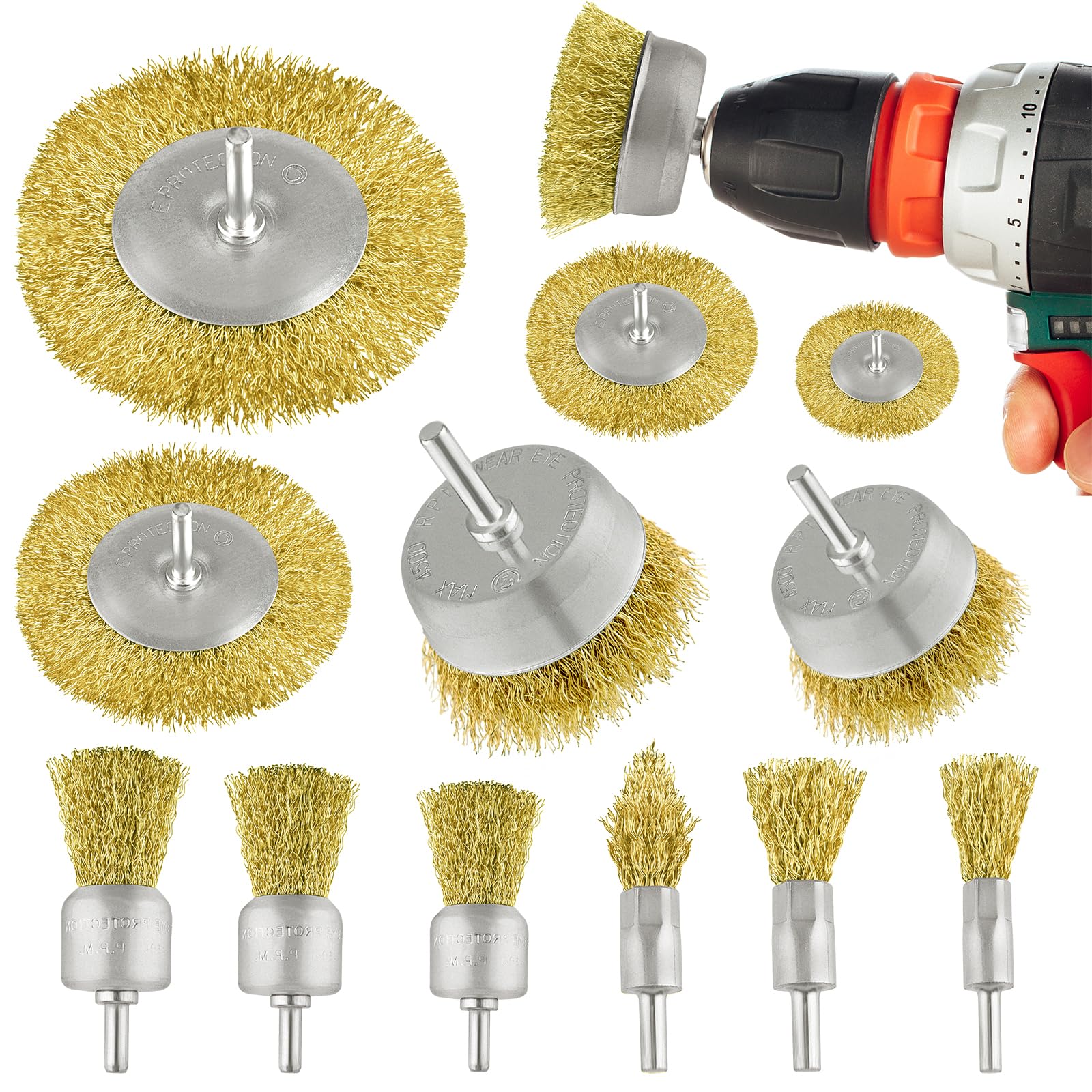 TUPARKA 12Pcs Wire Brushes Drill Bit Set, Brass Coated Wire Brush Wheel Cup Brush Coated Wire Drill Brush Set, 0.25Inch Shank Wire Wheel