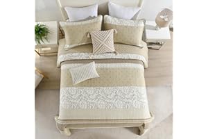 FineStichery 128"x120" Cotton Oversized King Bedspread Coverlet, Brown Beige Striped Quilt Set with Pillow Shams, Lightweight Farmhouse Reversible Quilted Bedspreads, All Season, 3 Piece