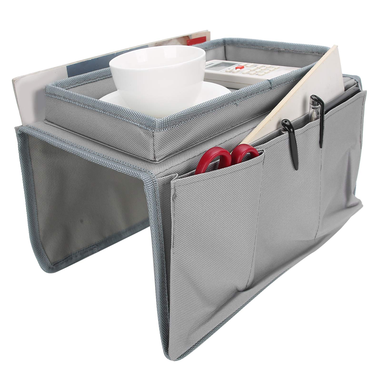 Sofa Armrest Organizer Caddy, 4 Pockets Couch Armchair Caddy TV Remote Control Holder Armchair Couch Bag with Cup Holder Tray for Snacks Glasses Smartphone Magazines(11.8x7.1x7.1in-grey)