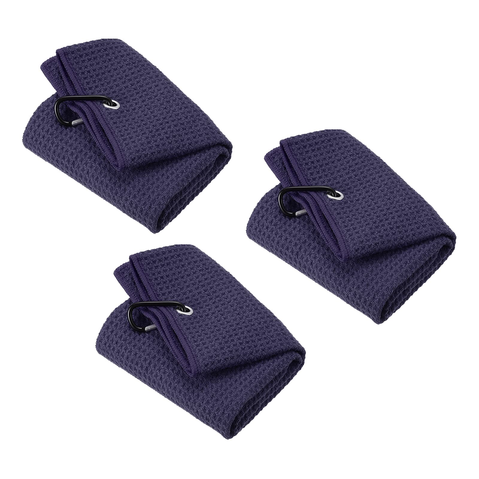 PATIKIL 20"x16" Tri-Fold Golf Towels, 3 Pack Waffle Pattern Towels Soft Fiber Strong Water Absorption with D Clip for Golf Lovers, Navy Blue
