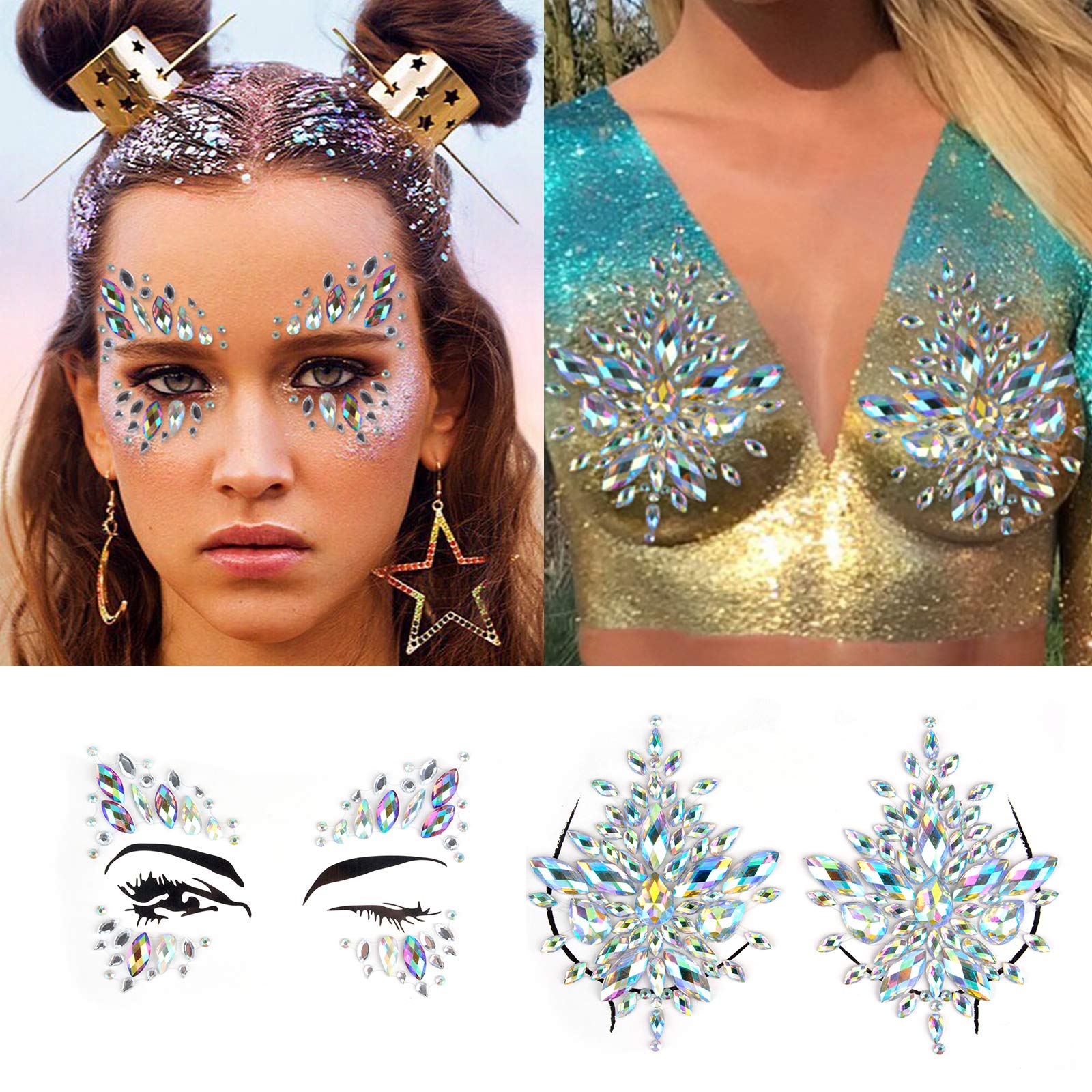 Body Tattoo Sticker, Fascigirl 4 Bohemian Rhinestone Crystal Mermaid Tears Stickers Halloween Rave Party Festival Metallic Shiny Gems Glitter Temporary Face Body Tattoos Jewels