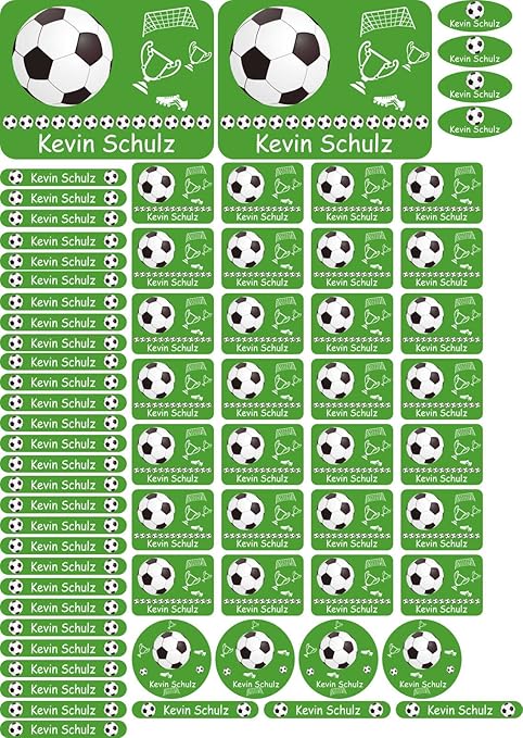 INDIGOS UG Namensaufkleber/Sticker - A4-Bogen - 012 - Fußball - 69 Sticker für Kinder, Schule und Kindergarten - Stifte, Fede