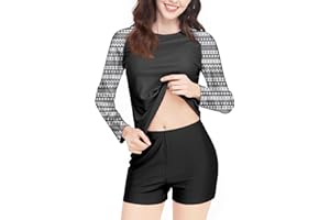 Davena Women 2 Piece Long Sleeve Rash Guard with Built in Bra Swimsuits UPF 50+ Swim Shirt with Boyshort Bottom