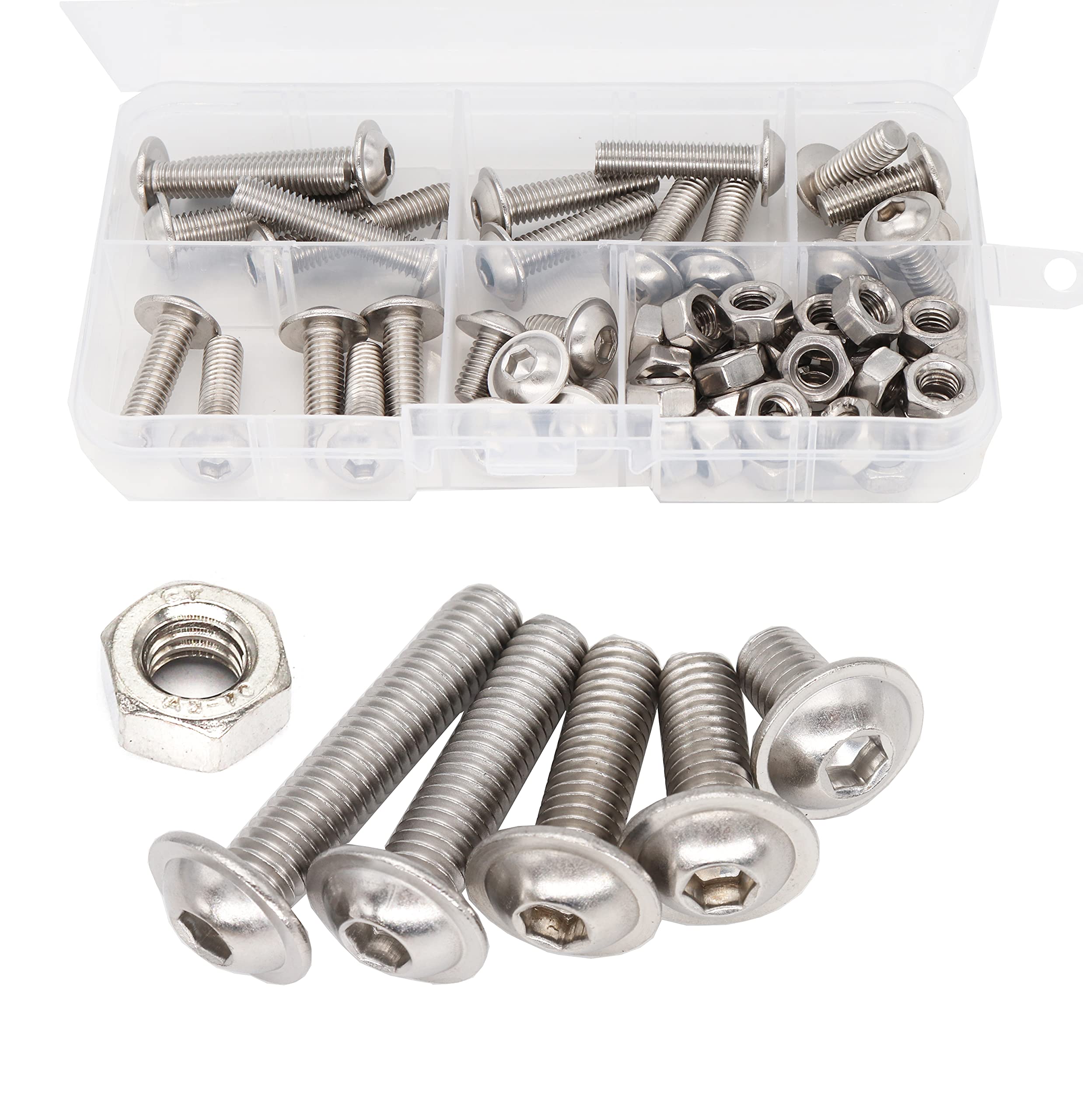 cSeao 50pcs M6 Flanged Button Head Socket Cap Screws Hex Nuts Kit, M6 x 10mm/ 15mm / 20mm/ 25mm/ 30mm Stainless Steel