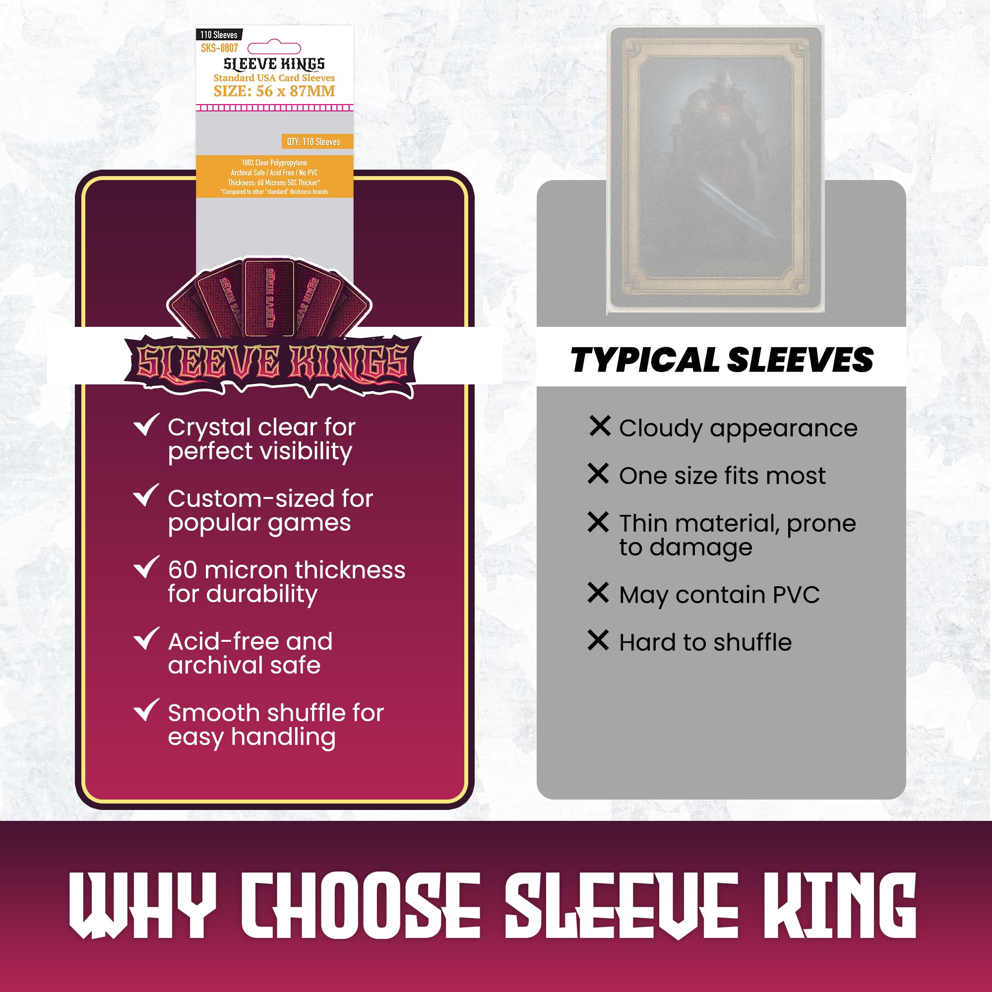 Mua Sleeve Kings Standard Card Sleeves 110 Count, Clear 60 Micron Thickness, Medium USA Size (56 x 87 mm), Compatible with Heat: Pedal to the Metal & More SKU: SKS-8807 Mua Sleeve Kings Standard Card Sleeves 110 Count, Clear 60 Micron Thickness, Medium USA Size (56 x 87 mm), Compatible with Heat: Pedal to the Metal & More SKU: SKS-8807