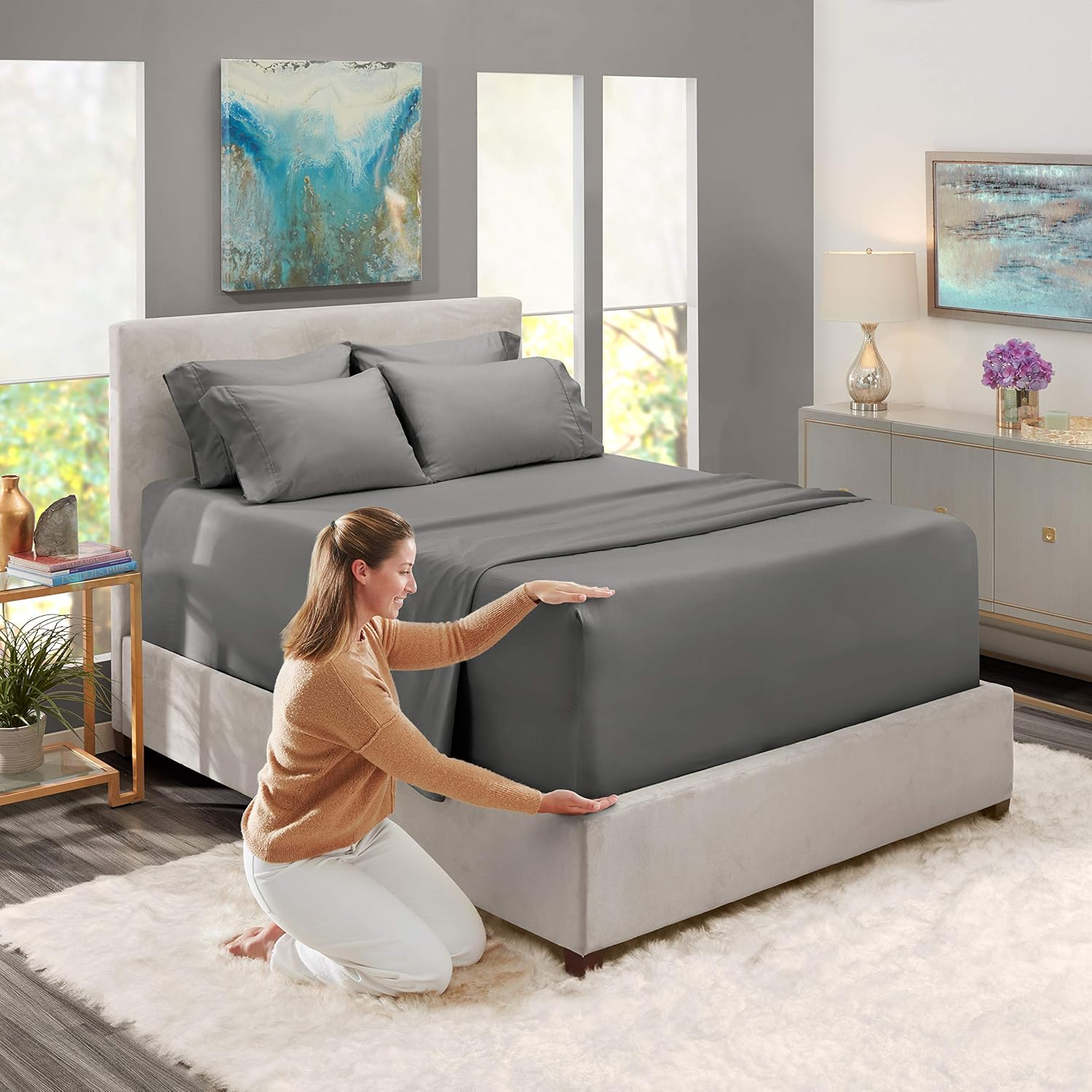 Nestl Extra Deep Pocket Sheets – Dark Grey Deep Fitted Sheet Set Queen Size - Super Deep Sheets fits 18 to 24 Inches Mattress - Hotel Ultra Deep Comfy Bed Sheets - 6 PC Gray Deep Pocket Queen Sheets: Home & Kitchen