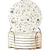 Terrazzo Drink Absorbent Coasters with Holder Set of 6, Ceramic Coaster for Drinks, Coffee Table Decor, Water Absorbing Stone Coaster for Drinks (Marble)