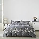 YuHeGuoJi Grey Damask Duvet Cover Queen 100% Egyptian Cotton 3 Pcs Set 1 Exotic Gray Paisley Duvet Cover with Zipper Ties 2 Pillowcases Vintage European Damask Flower Bedding Set Soft