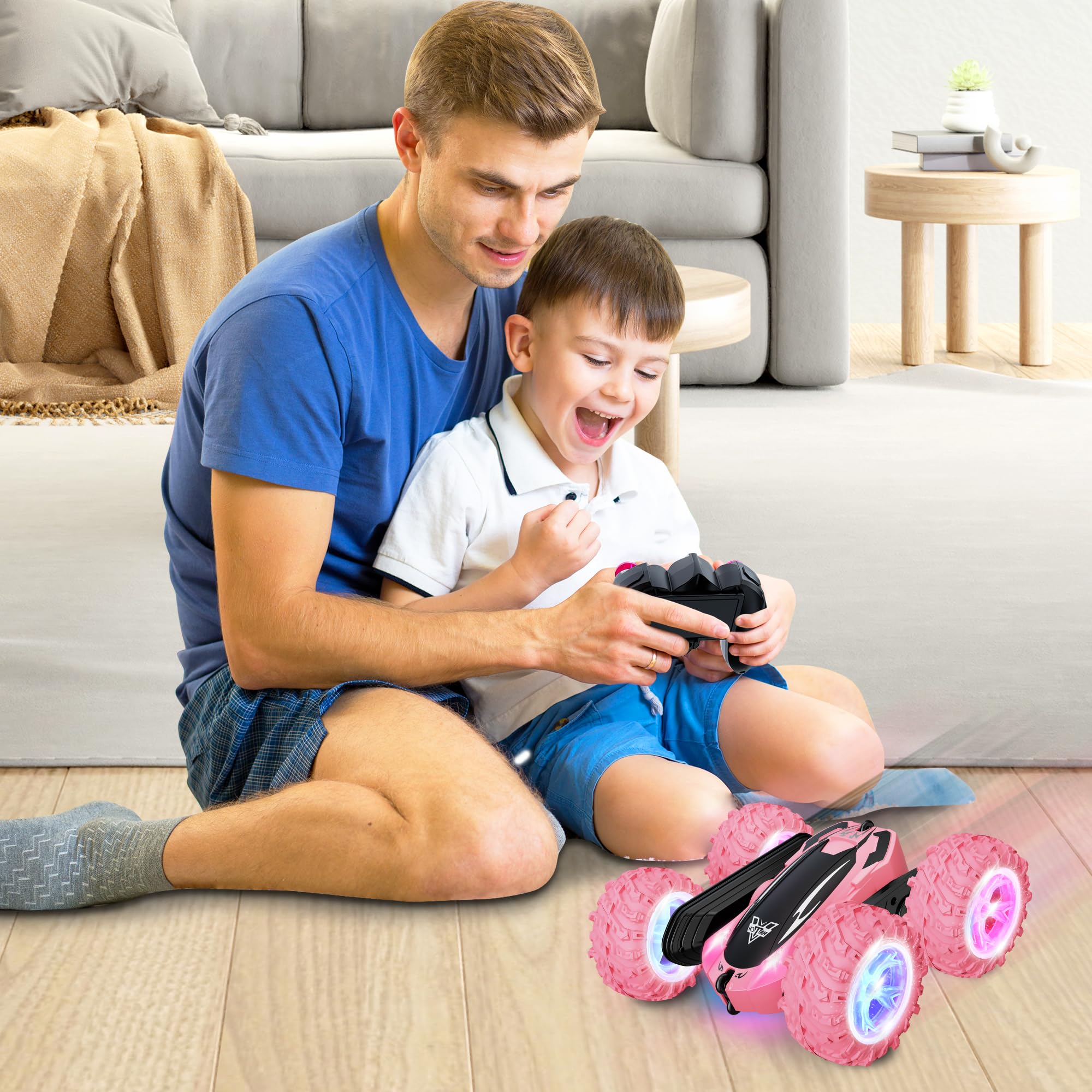 Remote Control Car, 2.4GHz RC Stunt Car, Double Sided 360° Rotating RC Cars with LED Headlight & LED Wheel, High Speed Off Road RC Crawler Xmas Gift for 3 4 5 6 7 8-12 Year Old Girls Toys (Pink)